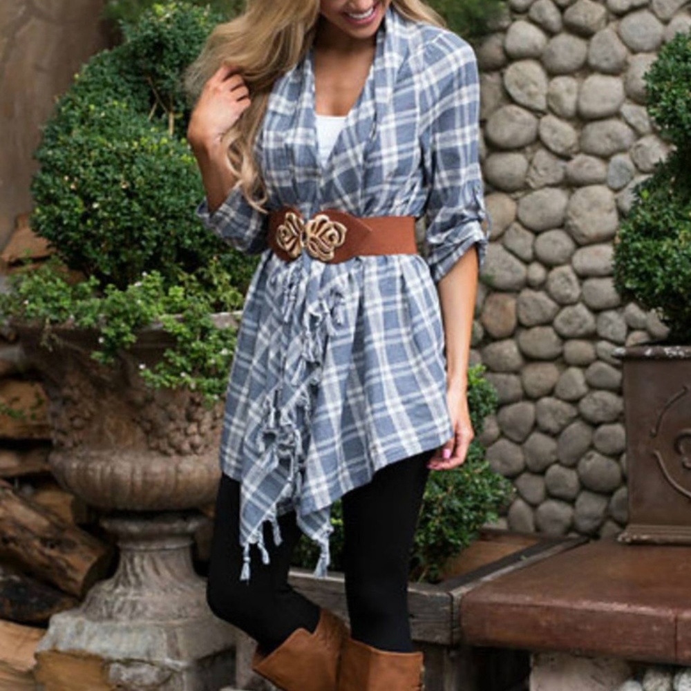 New  Plaid Blazer Jacket Top Entro Linen Fringe - Picture 3 of 6
